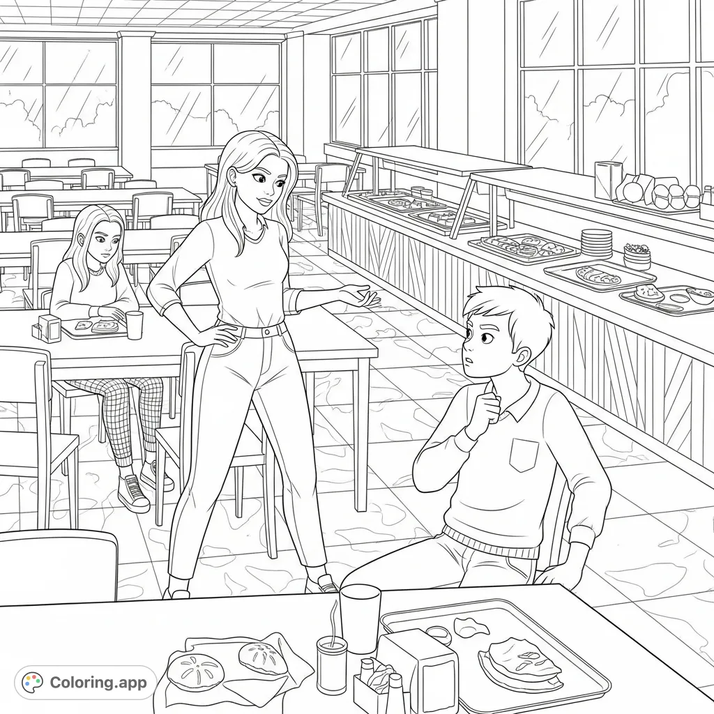 A powerful scene depicting a teen girl bravely confronting a boy in a bustling school cafeteria, defending her friend. A story of courage and friendship.