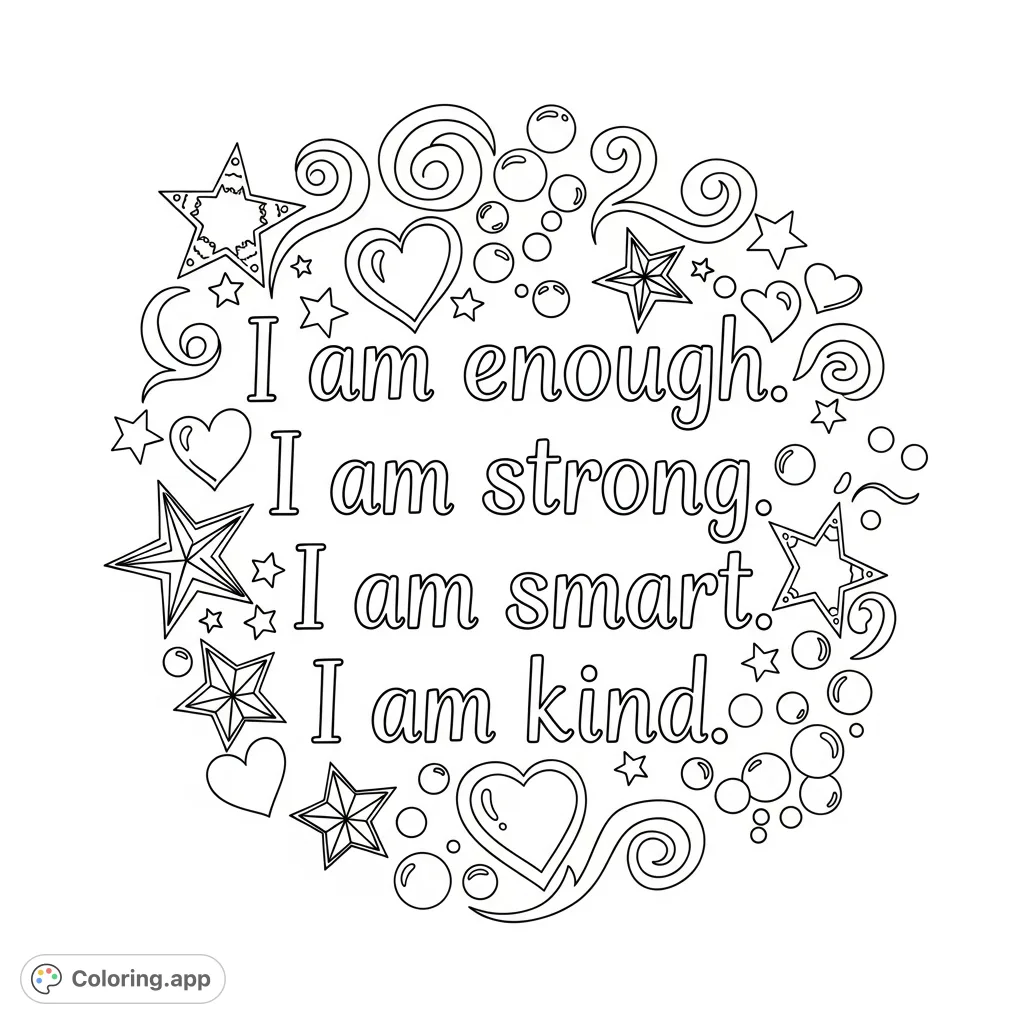 Embrace positivity with this affirmation coloring page featuring empowering phrases surrounded by stars, hearts, swirls, and bubbles for a mindful creative escape.