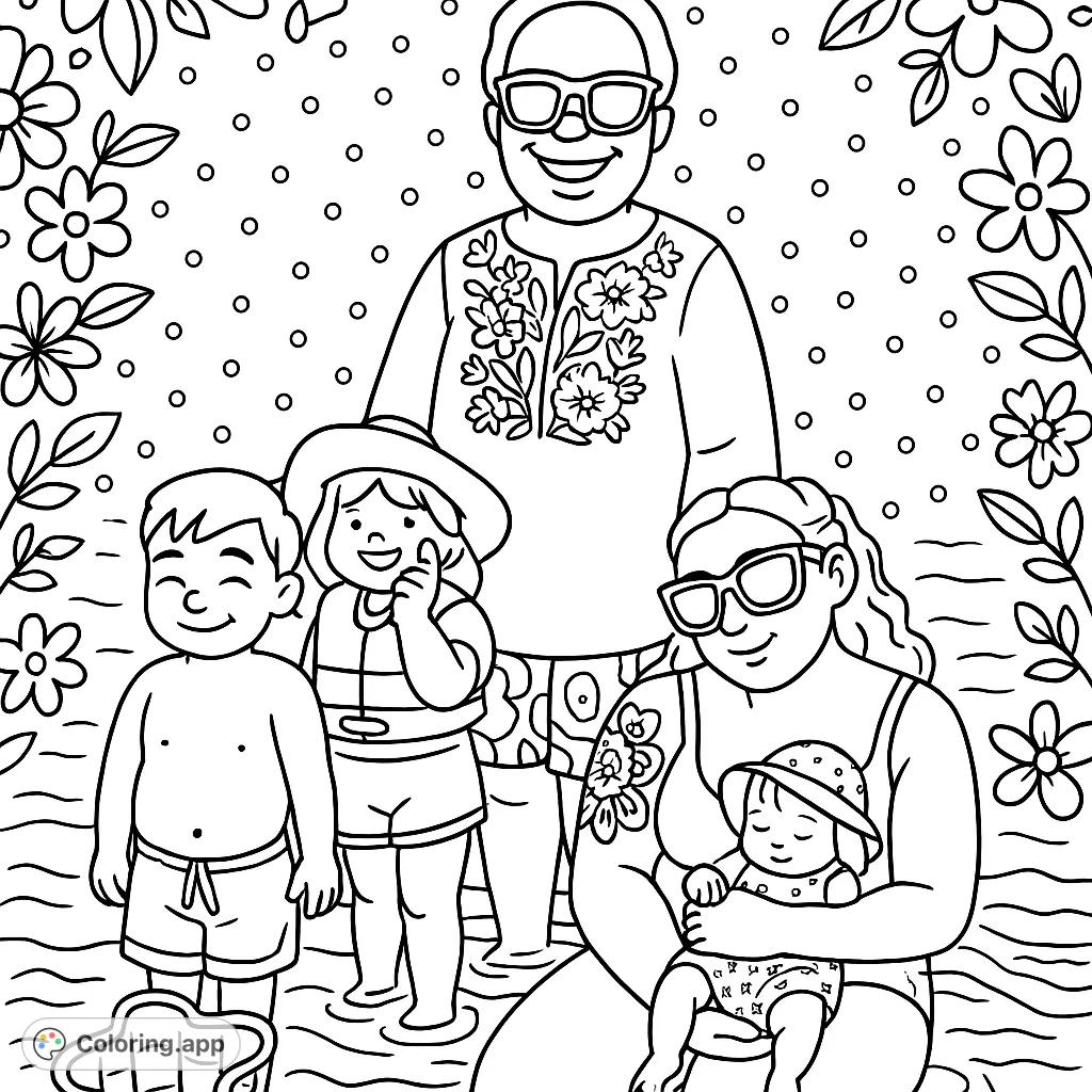 Capture joyful family moments at the beach with this charming coloring page. Features a family group, a baby, and beach essentials, perfect for all ages.