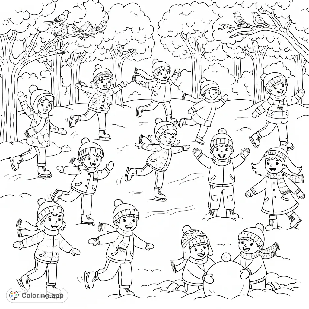 A delightful winter scene featuring ten cheerful children skating and playing in a snow-covered park, surrounded by snow-laden trees and birds.