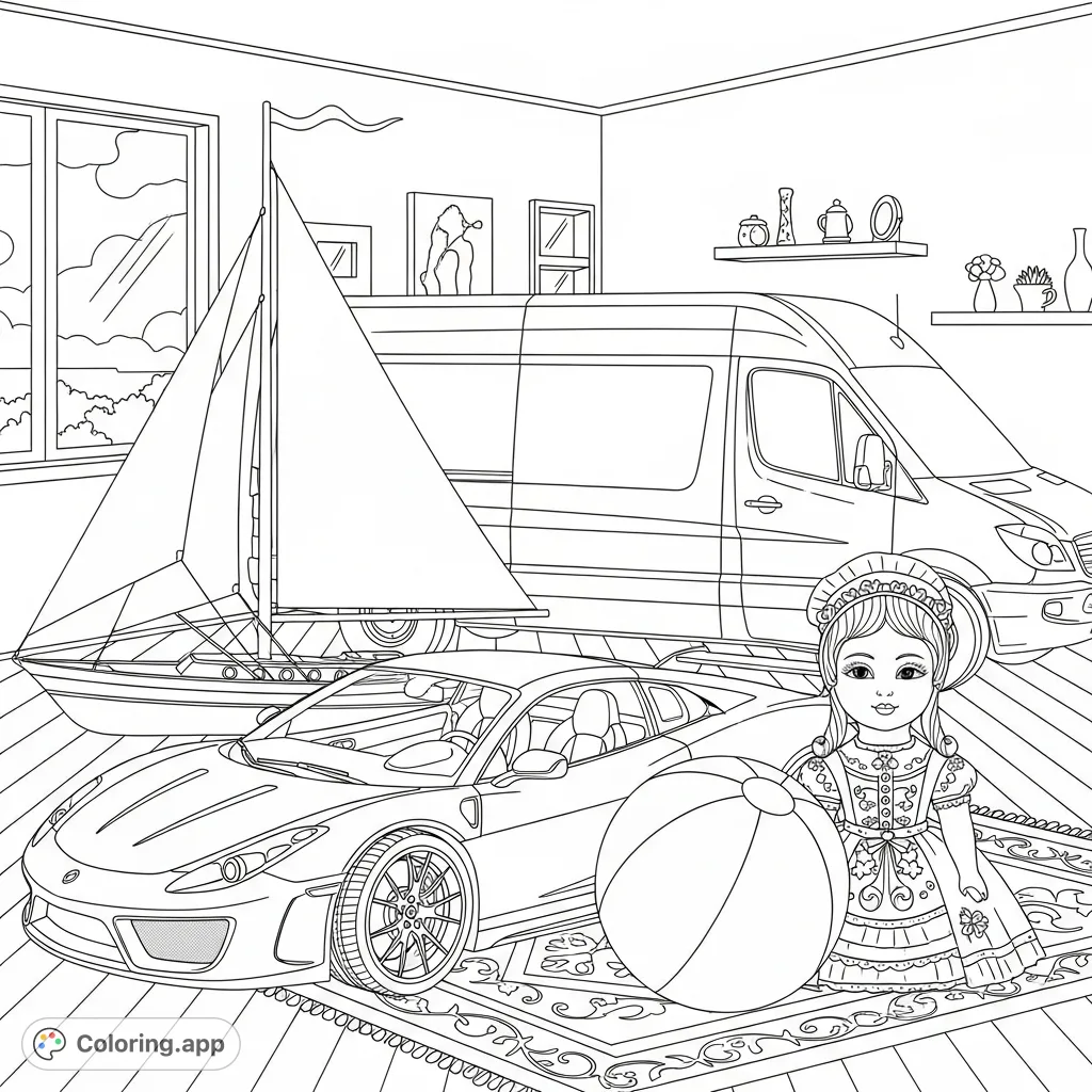A delightful coloring page featuring a car, boat, ball, doll, and van arranged in a cozy room, perfect for imaginative play and creative expression.