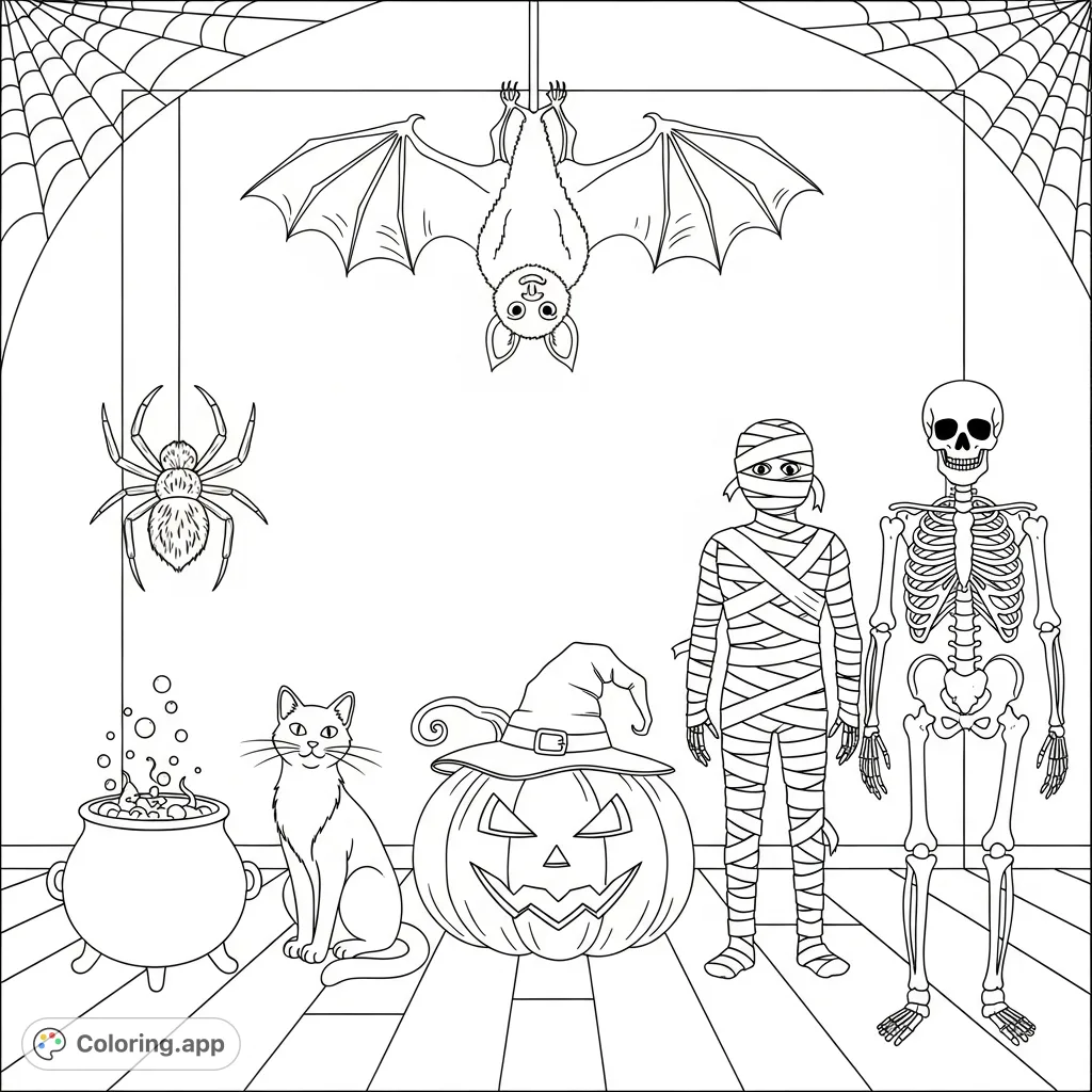 Enter a whimsical Halloween room featuring a bat, cat, pumpkin, mummy, and skeleton. A fun, free printable Halloween coloring page for all ages.