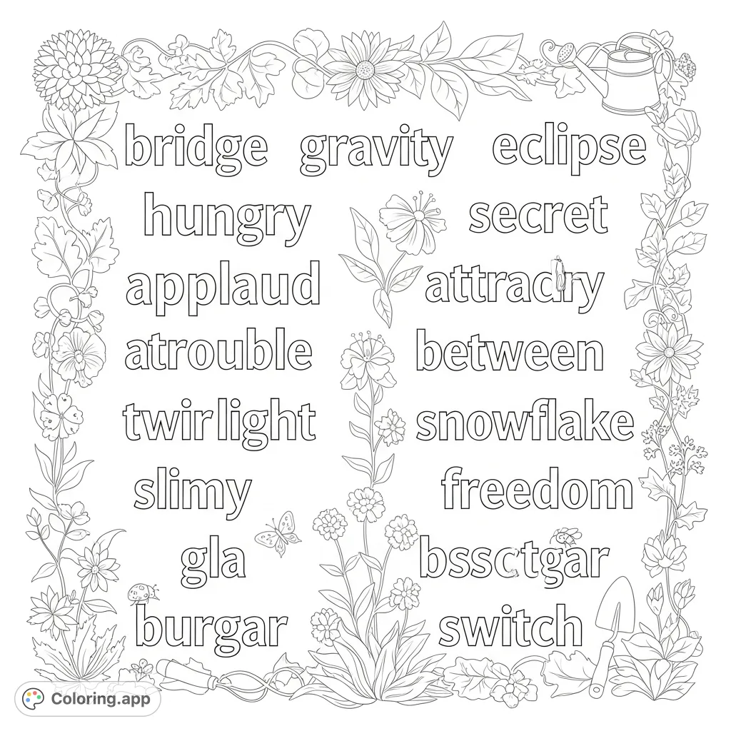Explore a delightful word art coloring page featuring a collection of vocabulary words, each letter ready for your creative touch, surrounded by charming garden elements.