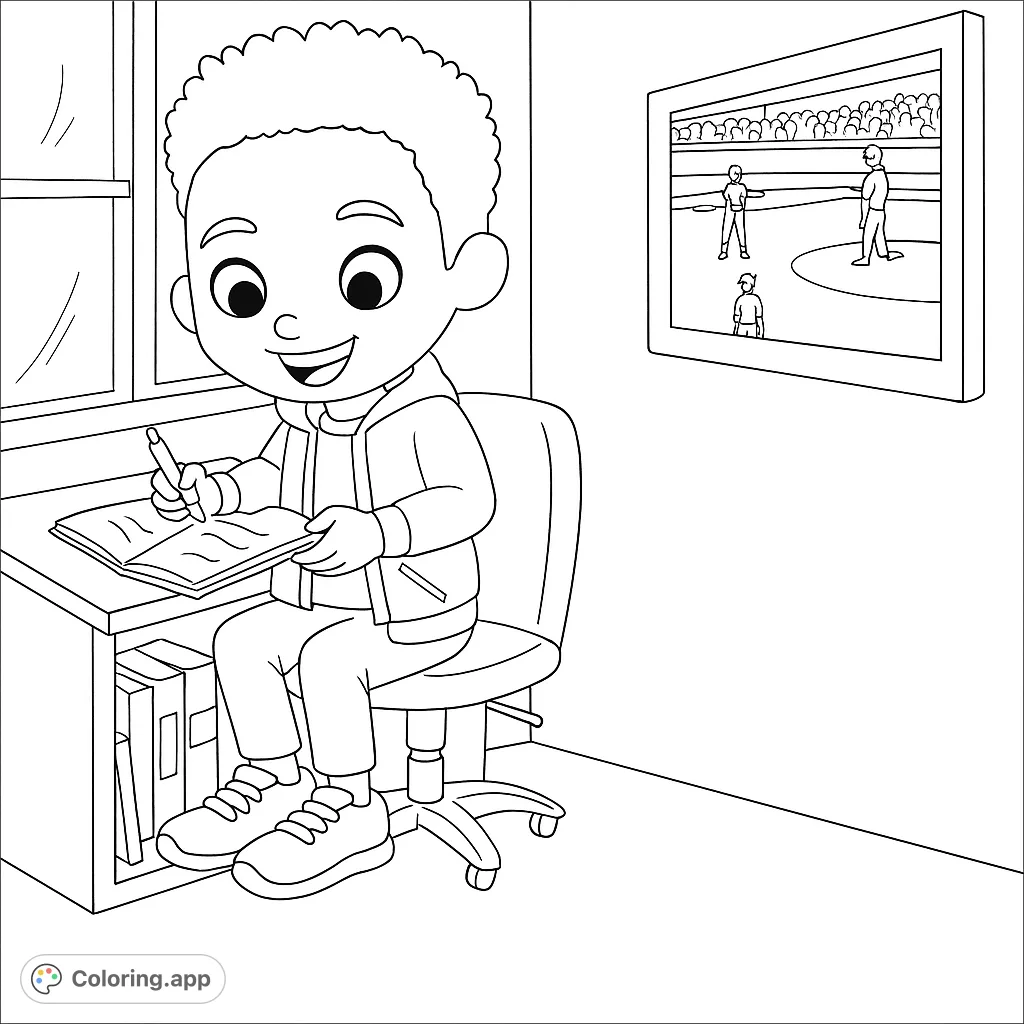 A cheerful boy writes at his desk, surrounded by books and a window view, with a baseball game picture on the wall. Perfect for young artists!