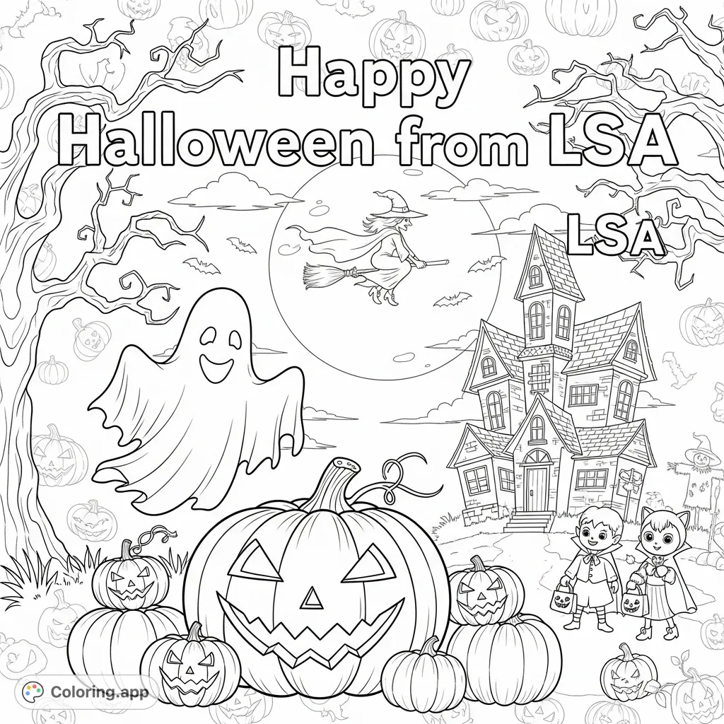 A festive Halloween scene featuring carved pumpkins, friendly ghosts, a witch, and trick-or-treaters under a full moon. Perfect for spooky fun!
