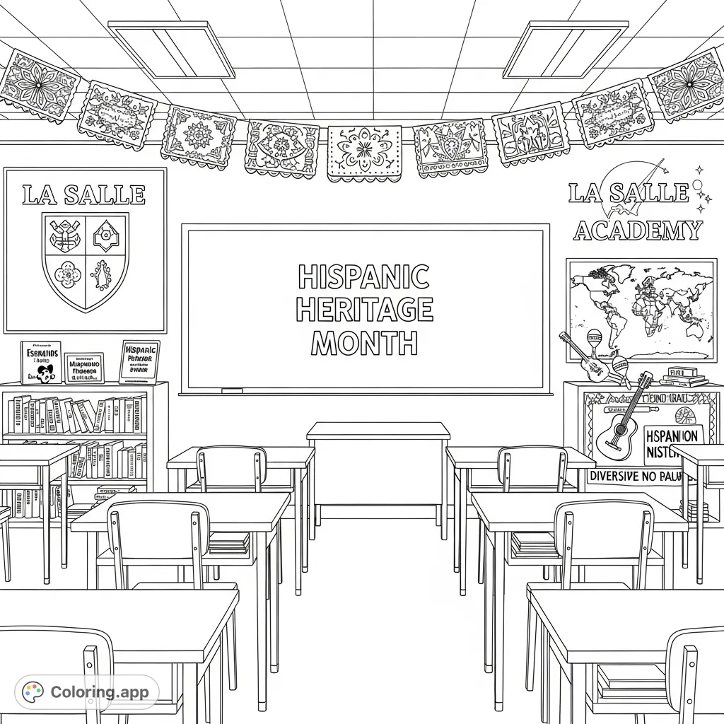 Celebrate Hispanic Heritage in a detailed La Salle Academy classroom. Features cultural elements, school pride, and an engaging learning environment.