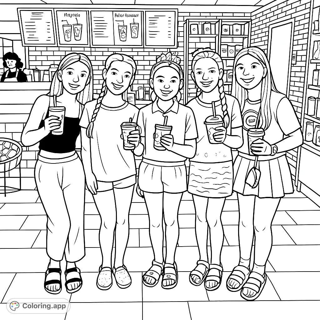 Five cheerful friends gather at a bustling coffee shop, each with a refreshing drink. A fun, cartoony scene perfect for coloring.
