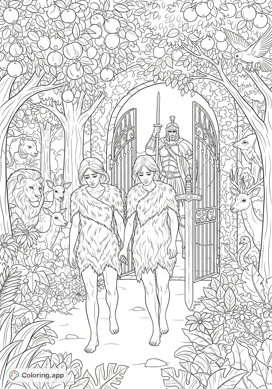 A poignant Adam and Eve leaving Eden coloring page depicts their departure from a lush garden, watched by animals and confronted by a fierce warrior.