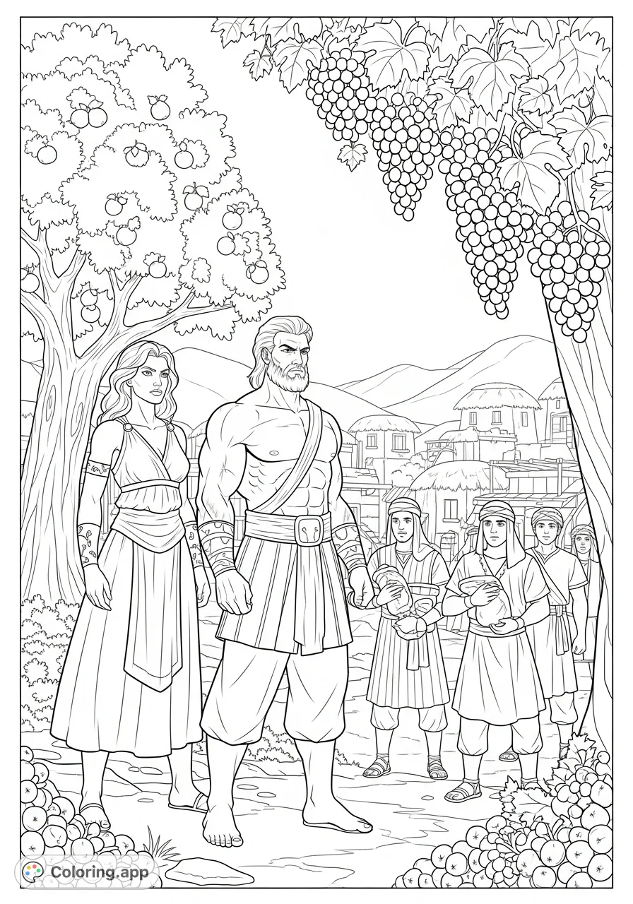 A detailed biblical scene featuring formidable Amalekite figures confronting Israelite spies amidst a flourishing village, abundant fruit trees, and heavy grapevines.