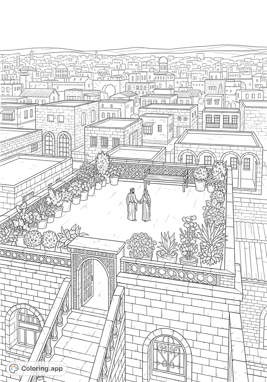 Explore an intricate ancient Jerusalem cityscape, featuring Uriah the Hittite and Bathsheba on an ornate rooftop, surrounded by detailed architecture.