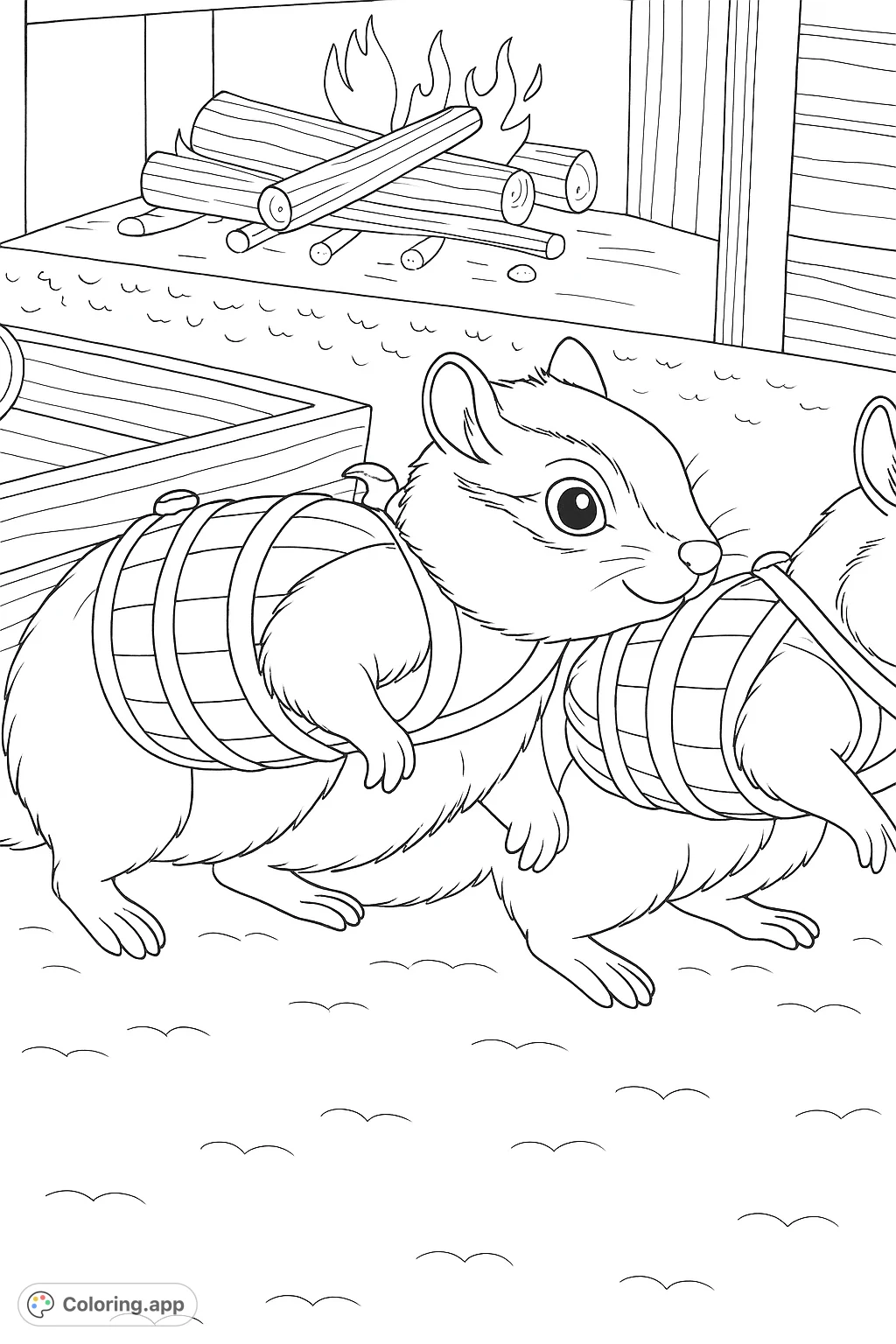 Two charming chipmunks, wearing tiny harnesses, stand before a warm fireplace with a wooden cart nearby. A delightful scene for all ages.