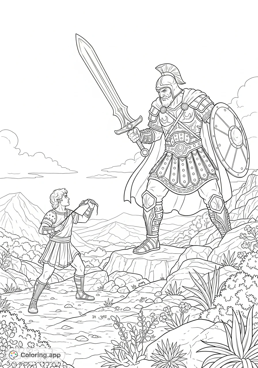 An epic David and Goliath coloring page, featuring Goliath in intricate armor wielding a large sword, facing a poised David in a rugged, rocky landscape.