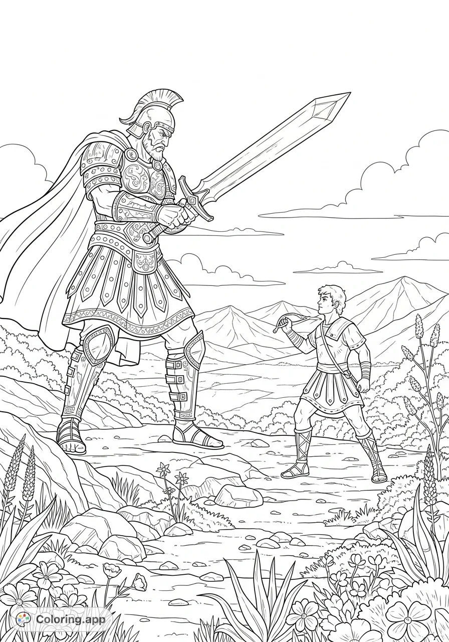 Witness the epic biblical encounter of David and Goliath in this detailed coloring page, featuring formidable armor, a powerful sword, and a focused David with his sling.