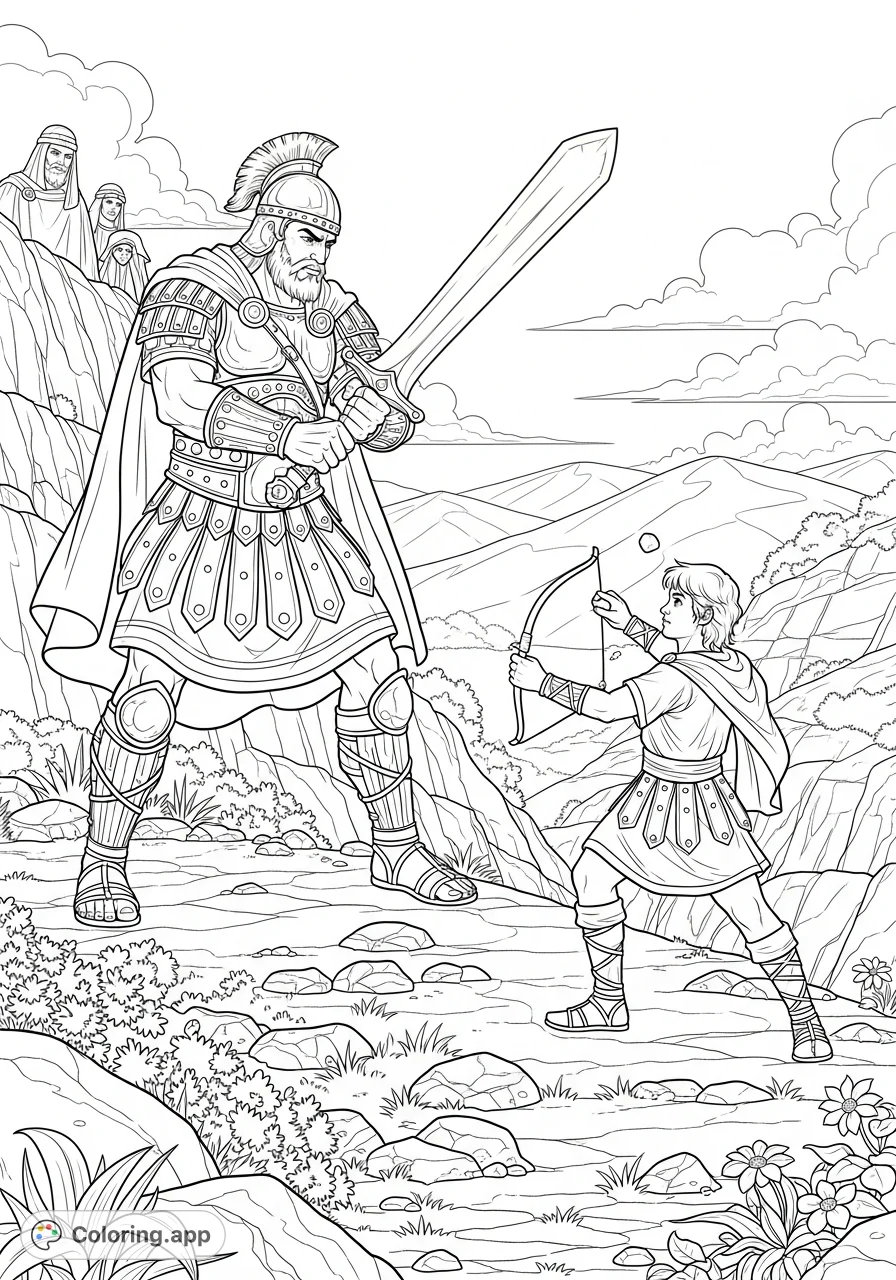 A dramatic David and Goliath coloring page featuring the youthful David loading his sling against the towering, armored Goliath in a rugged, rocky landscape.