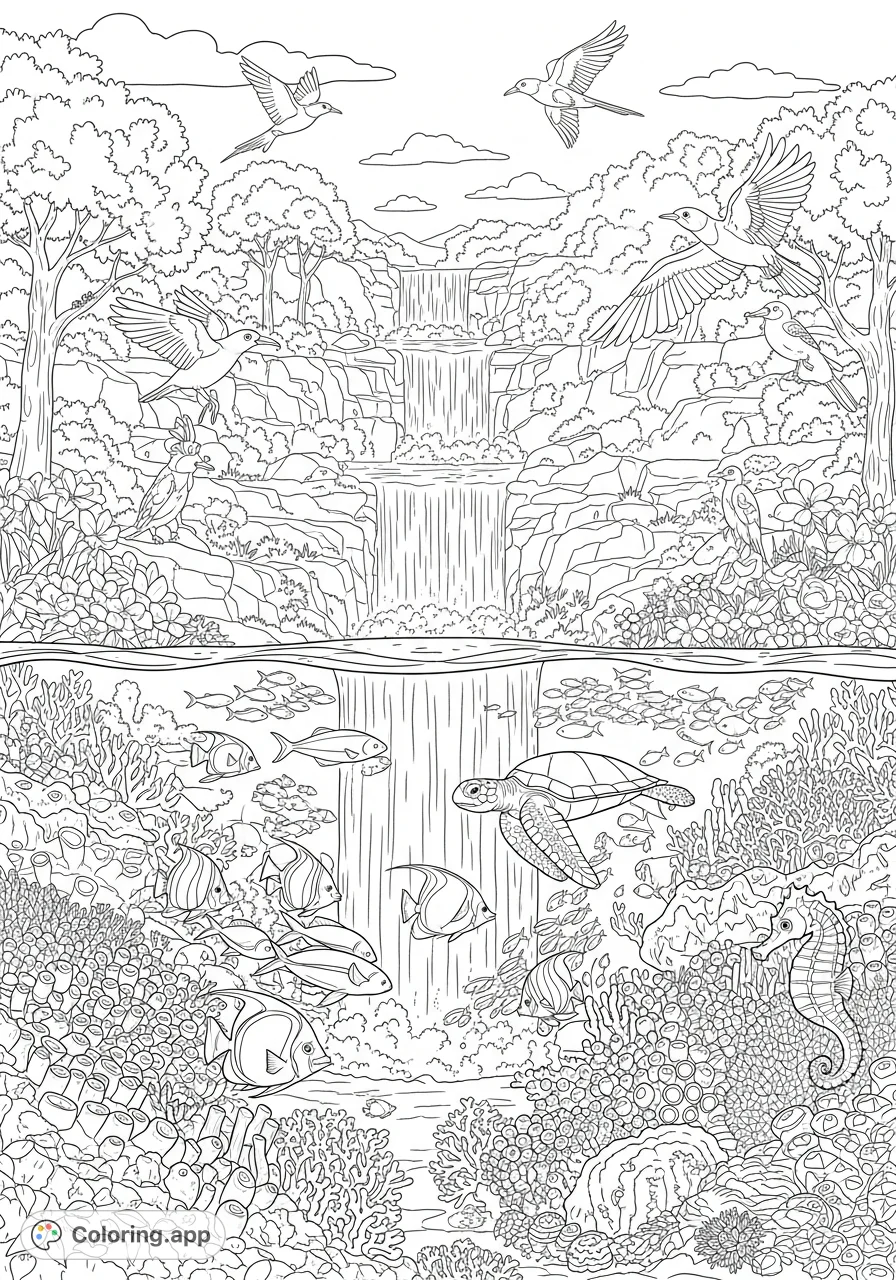Explore a fascinating split image with a lush waterfall landscape above and a vibrant coral reef teeming with marine life below. A captivating scene for coloring!