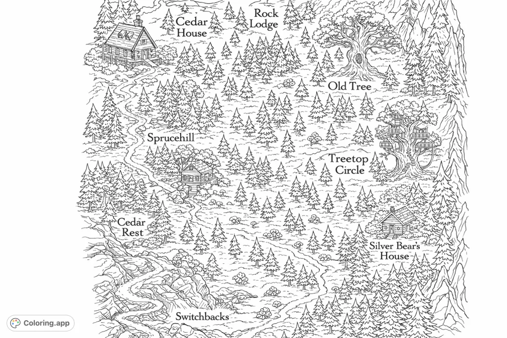 Explore an intricate fantasy map coloring page filled with detailed forests, winding paths, and hidden structures. A challenging yet rewarding adventure for all colorists!