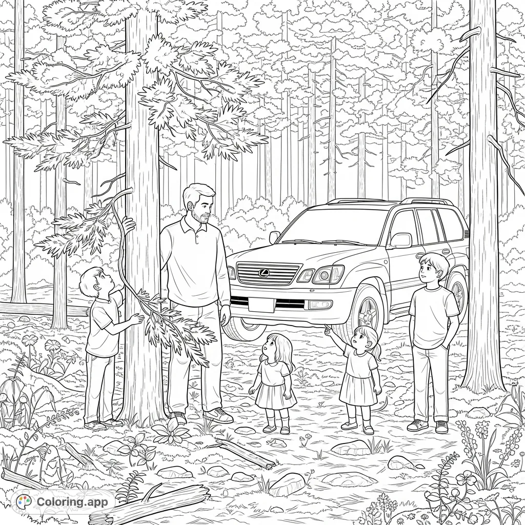 A heartwarming Christmas tree picking coloring page featuring a dad, his four kids, and their 1999 LX470 in a festive pine forest.