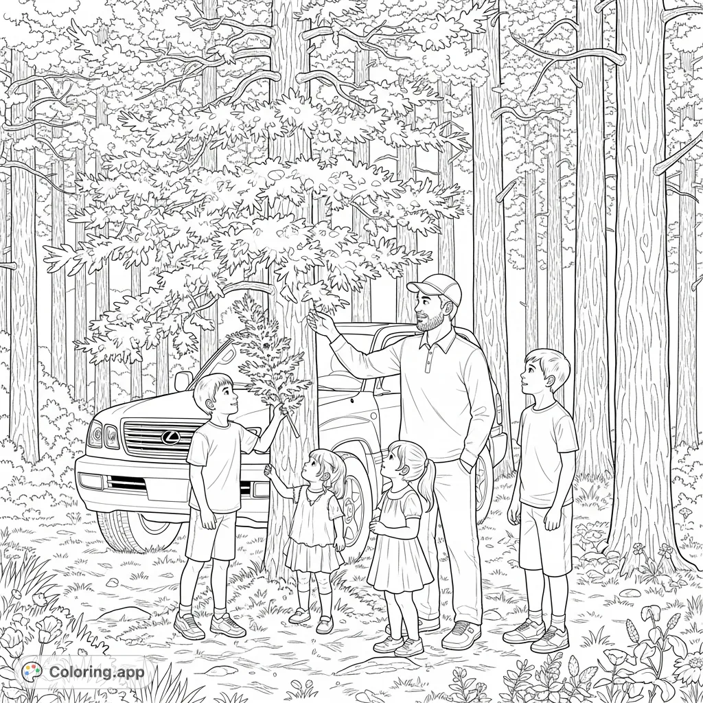 A heartwarming family scene of a dad and his four children selecting a Christmas tree in a pine forest, with their 1999 LX470 nearby.