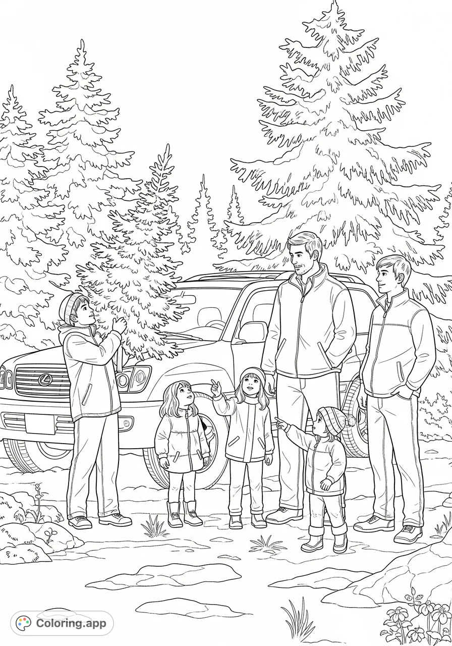 A heartwarming Christmas tree coloring page featuring a dad and his four kids in a snowy pine forest, picking out their perfect holiday tree with their 1999 LX470 nearby.