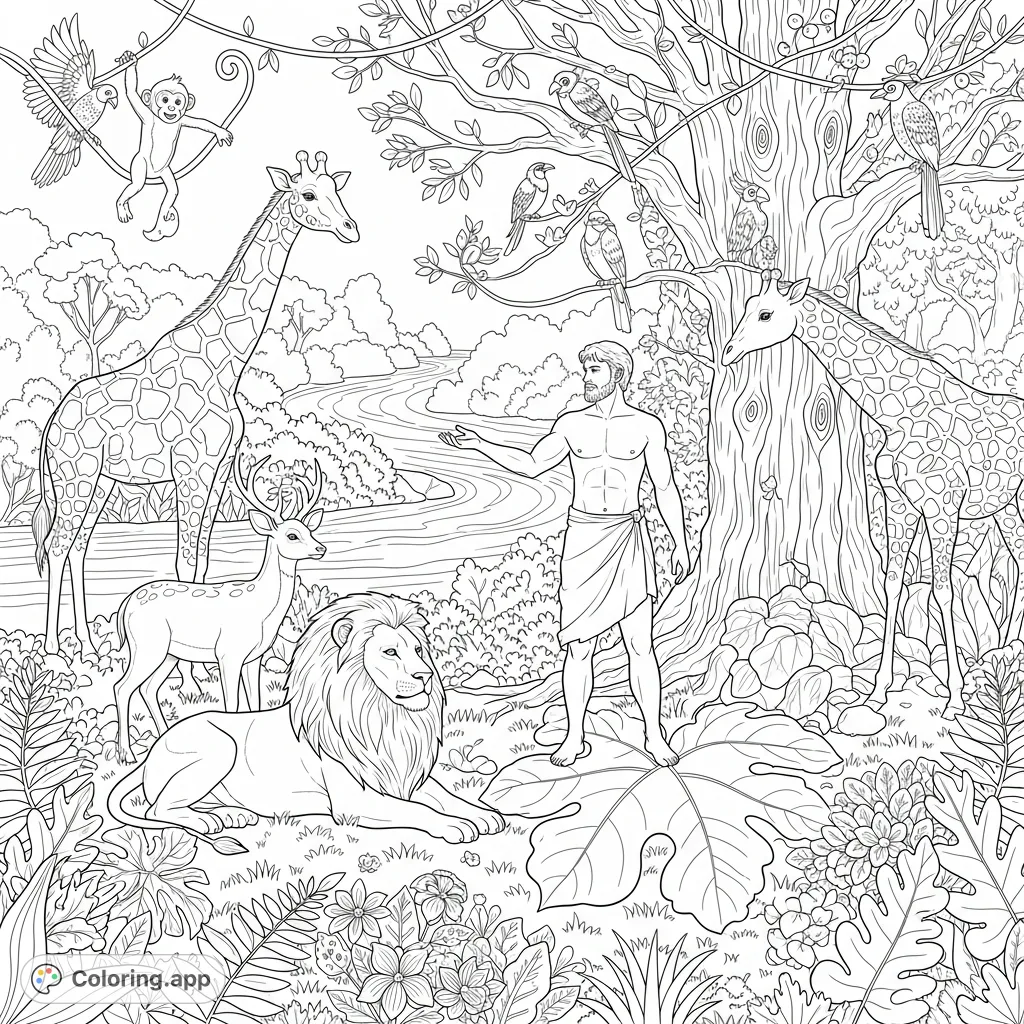 Immerse yourself in a serene Garden of Eden coloring page, featuring Adam surrounded by majestic animals, lush foliage, and a tranquil river.