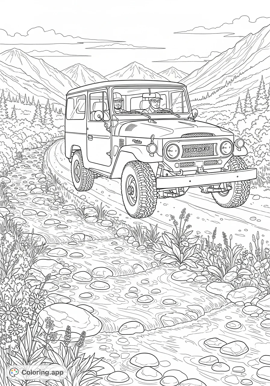 A classic 1963 Toyota Landcruiser "Iron Pig" tackles an Alaskan mountain dirt road, with a creek flowing nearby. Perfect for vintage vehicle enthusiasts.