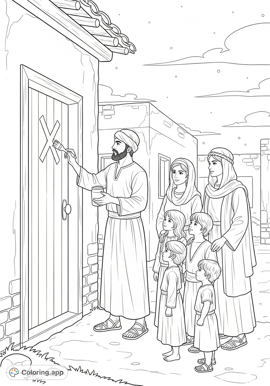 A poignant Israelite family scene: a father carefully paints an 'X' on his simple home's door frame at night, watched by his family. A historical coloring page.