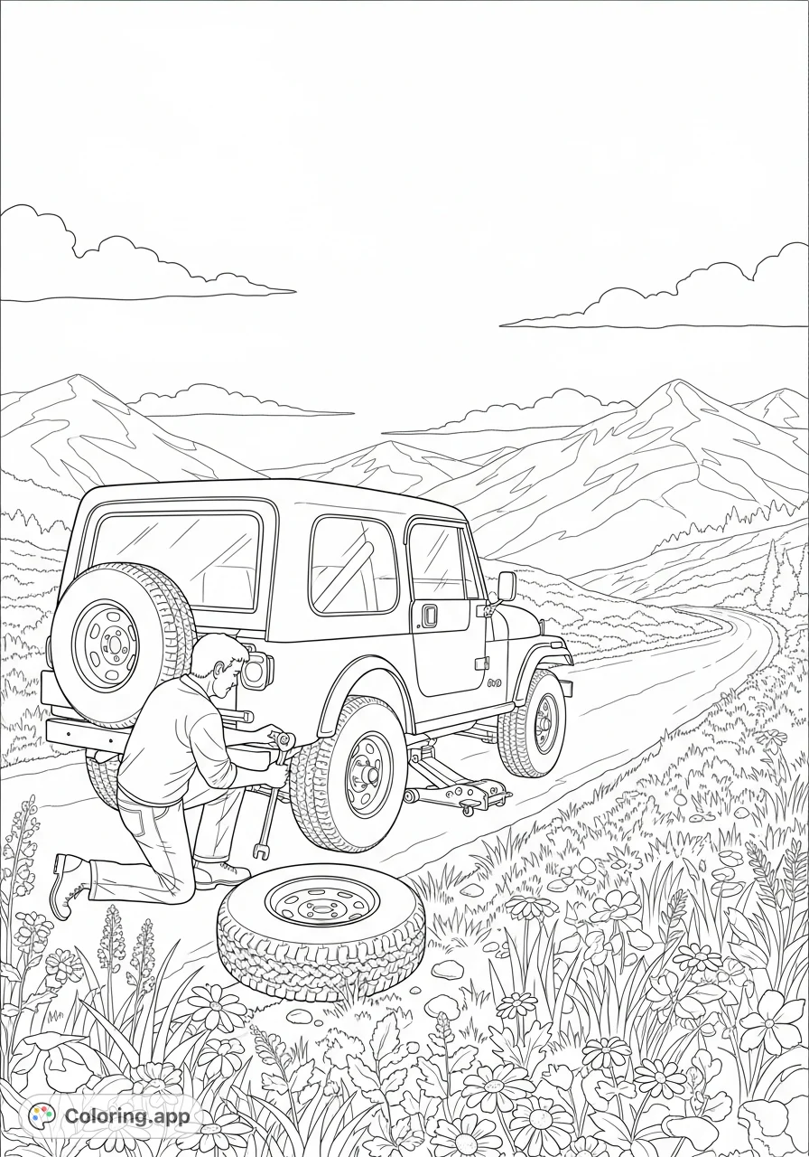 A detailed Jeep CJ5 coloring page featuring a man changing a flat tire on a mountain dirt road, surrounded by a scenic meadow and distant peaks.