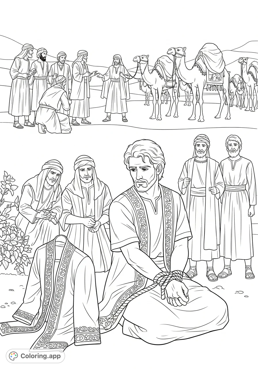 Color a dramatic biblical scene: Joseph bound, his brothers negotiating with traders, and laden camels in a desert setting. A powerful narrative.
