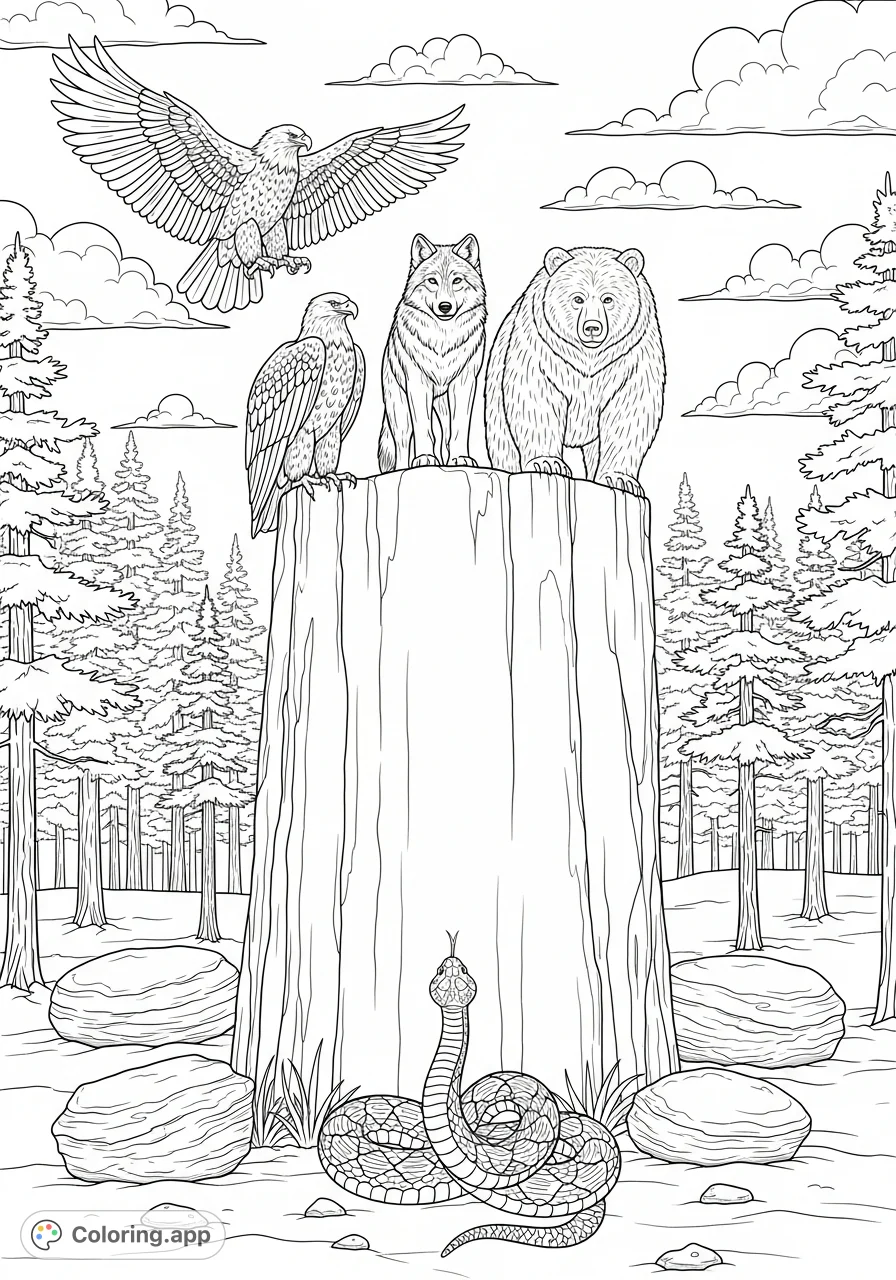 A powerful eagle, wolf, and grizzly bear stand on a towering boulder, with a coiled rattlesnake below, set against a dense pine forest.