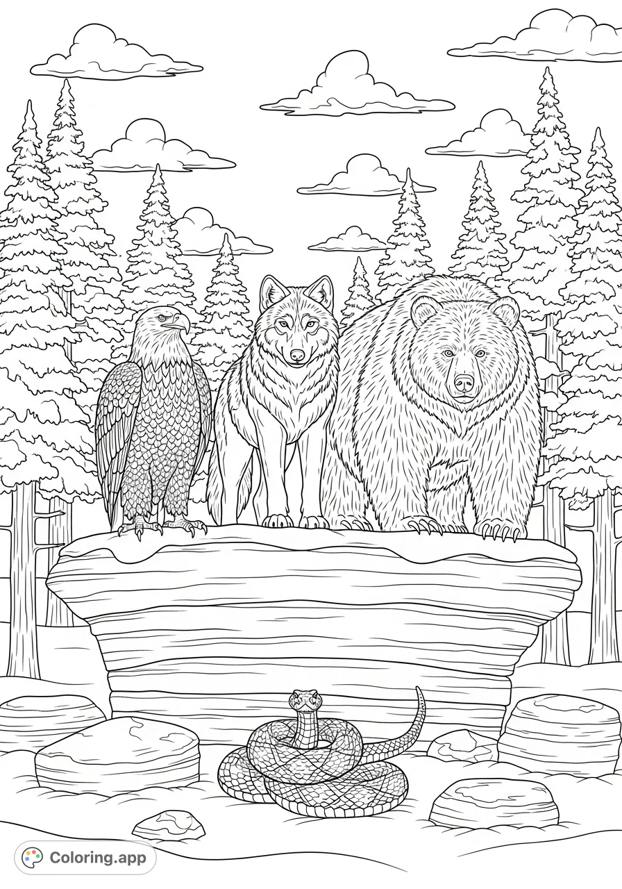 A detailed wildlife coloring page featuring an eagle, wolf, and grizzly bear on a massive snowy boulder, with a rattlesnake below. A dense pine forest background.