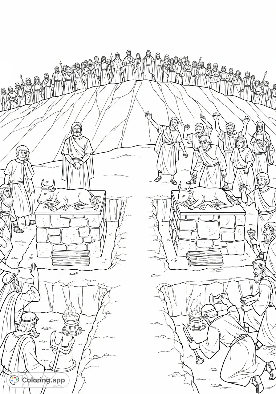 Experience the dramatic Mount Carmel challenge. Samuel stands resolute against the frantic priests of Baal, observed by a vast crowd on rocky terrain.