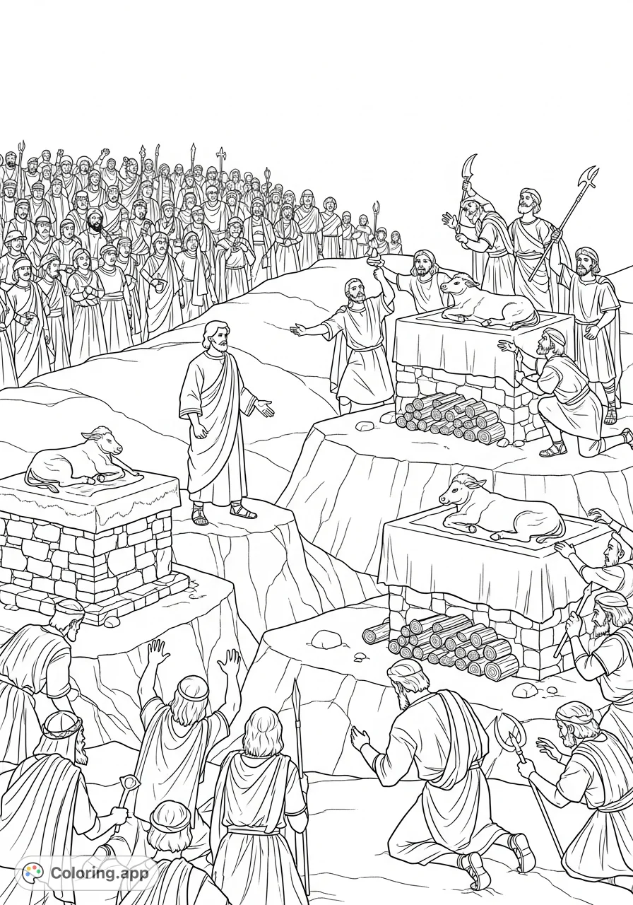 Witness the dramatic biblical confrontation as Samuel challenges the priests of Baal on Mount Carmel, with two altars set for a divine test of faith.