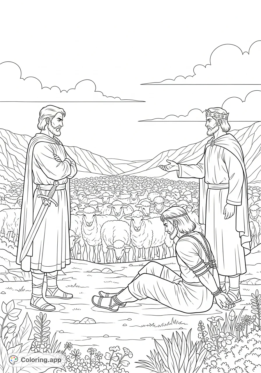 A powerful biblical scene depicting Samuel's stern judgment of Saul, with the bound Amalekite king and a vast sheep herd in a rugged landscape.