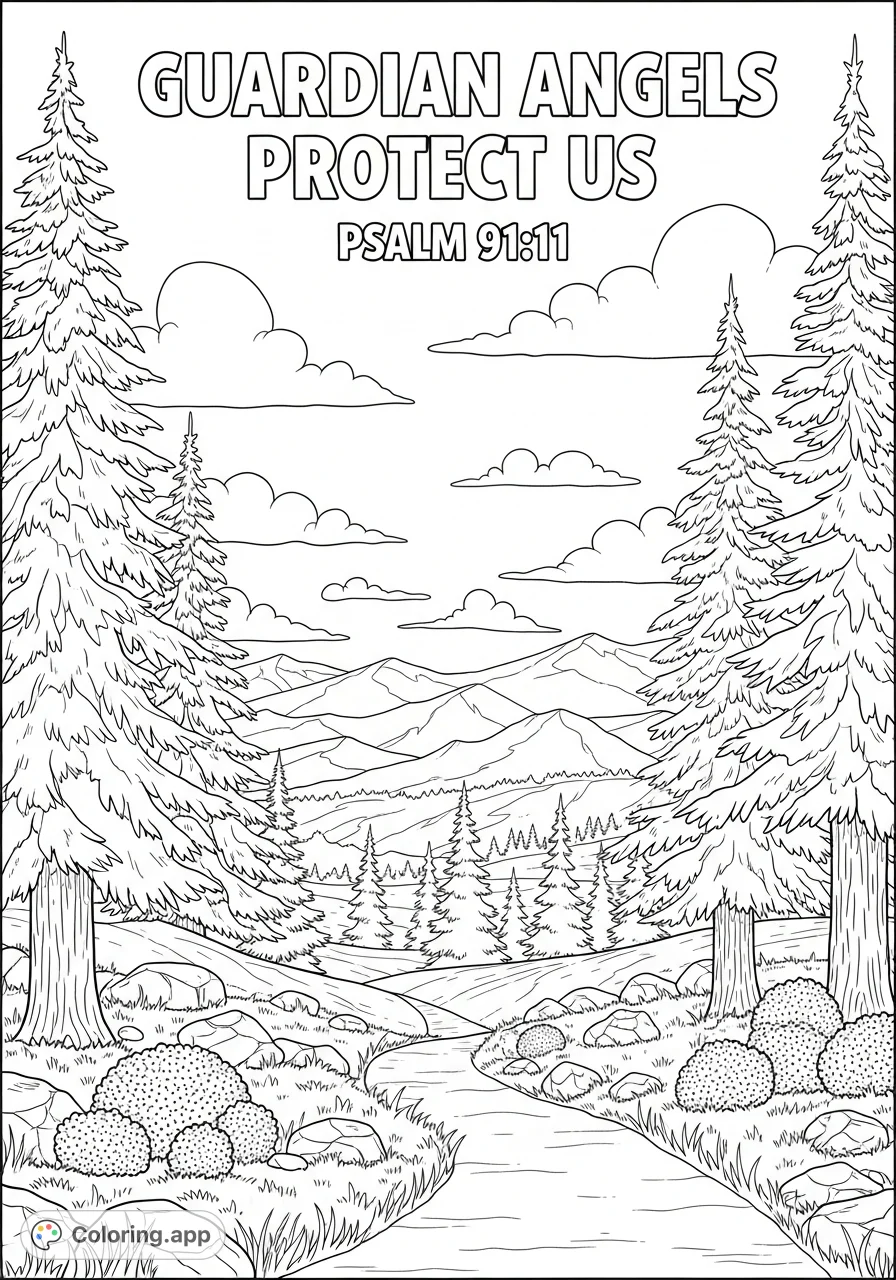 Discover a peaceful mountain landscape featuring towering evergreen trees, a winding path, and the uplifting scripture: "GUARDIAN ANGELS PROTECT US PSALM 91:11".