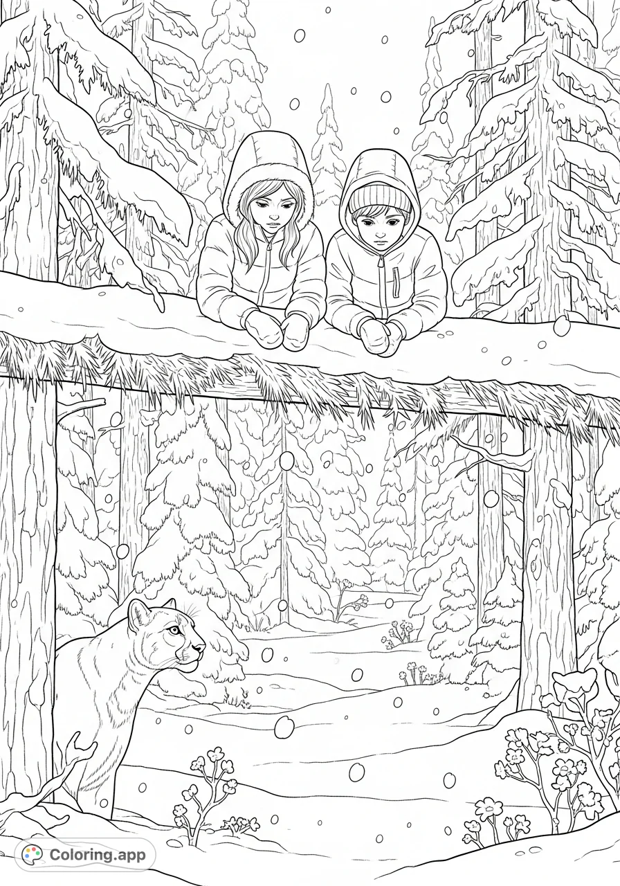 Capture the tension in this snow-laden pine forest coloring page, featuring children observing a cougar amidst falling snow. A compelling wildlife scene.