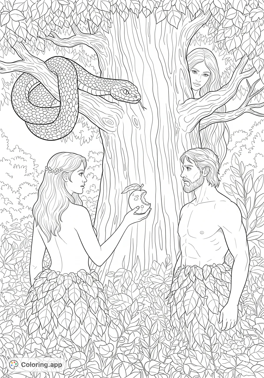 Explore the dramatic biblical fall scene with Adam, Eve, the serpent, and a lurking figure amidst lush foliage and gnarled trees. A captivating Genesis coloring page.