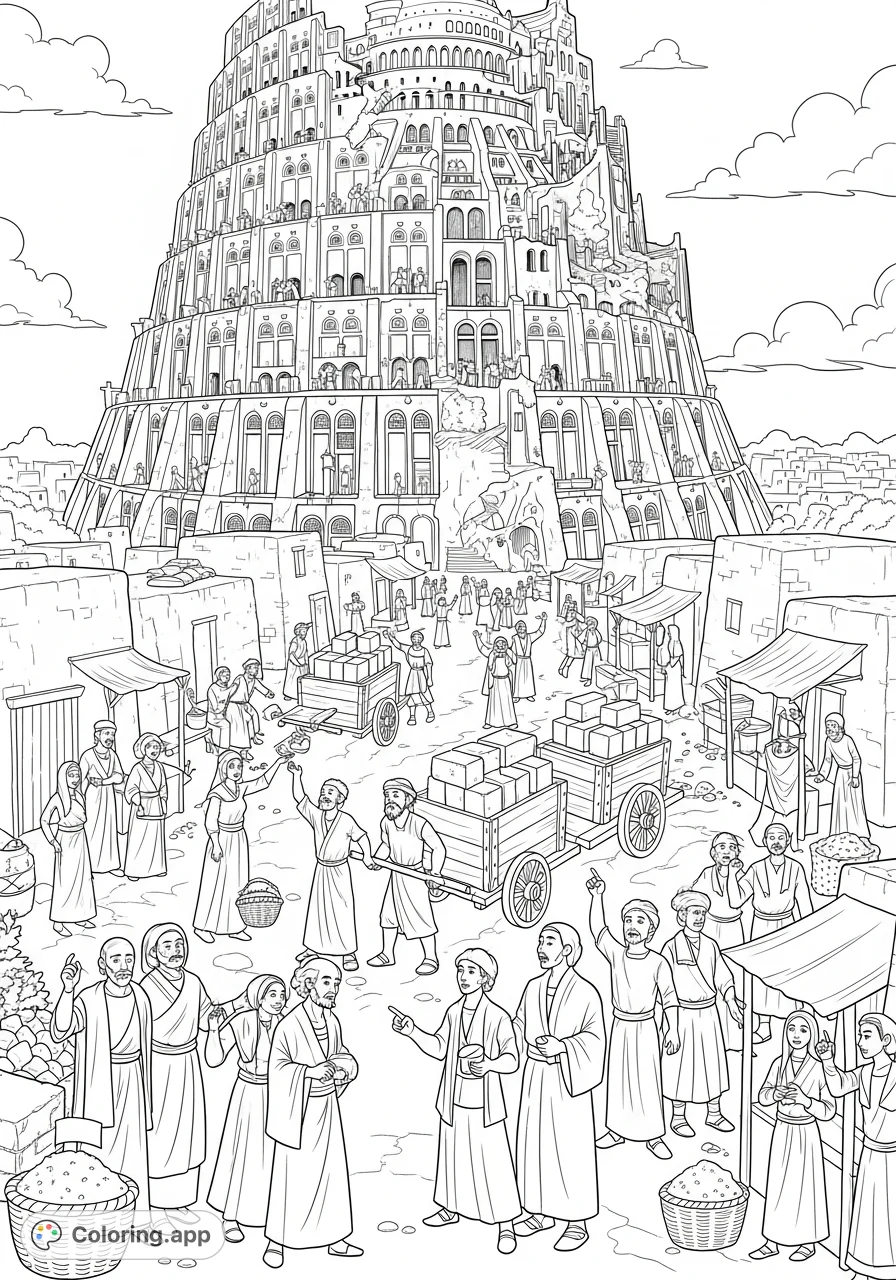 A bustling, detailed scene at the base of the Tower of Babel, depicting diverse groups of people in a flurry of activity and communication breakdown.
