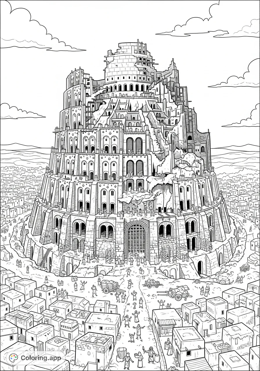 An epic Tower of Babel coloring page depicting its colossal, partially built foundation, ancient laborers, and a sprawling city under a vast sky.