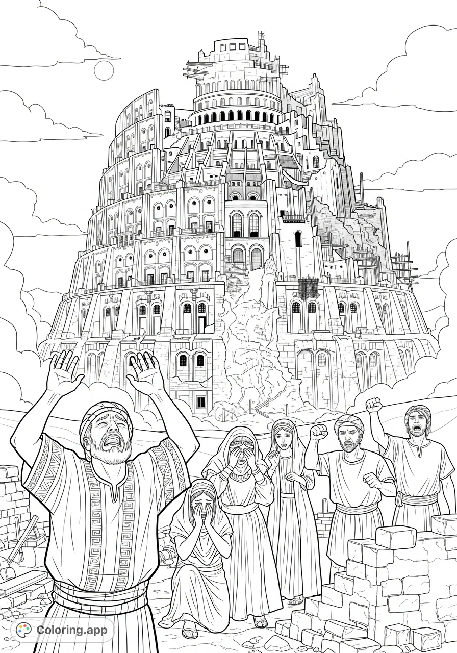 A detailed Tower of Babel coloring page depicting figures in despair amidst scattered building materials, with the immense spiraling structure receding into a hazy background.