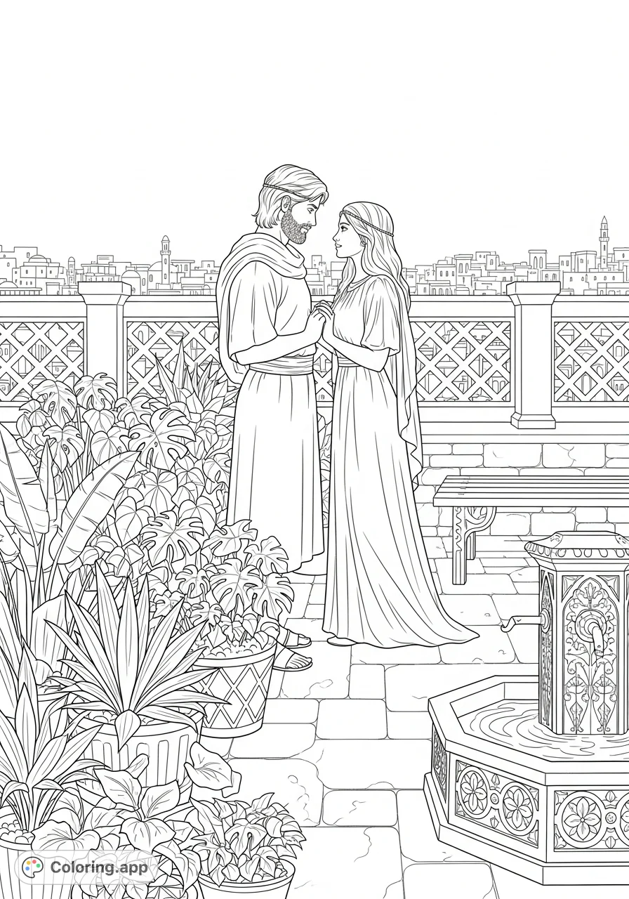 An intricate depiction of Uriah the Hittite and Bathsheba on an ornate rooftop in ancient Jerusalem, perfect for historical coloring enthusiasts.