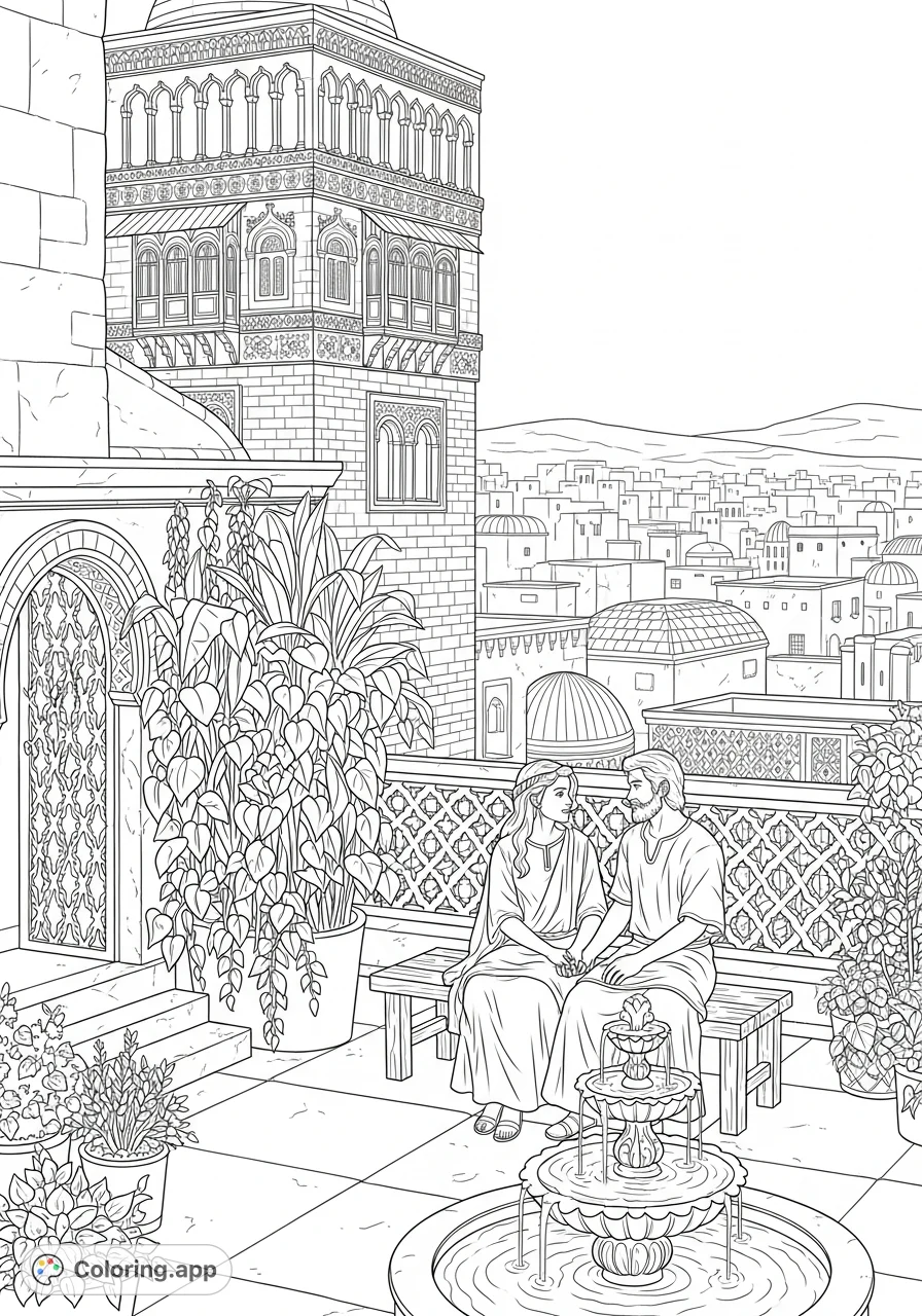 An ancient rooftop scene featuring Uriah and Bathsheba in conversation, with an ornate fountain, lush plants, and a detailed cityscape. A captivating historical coloring page.