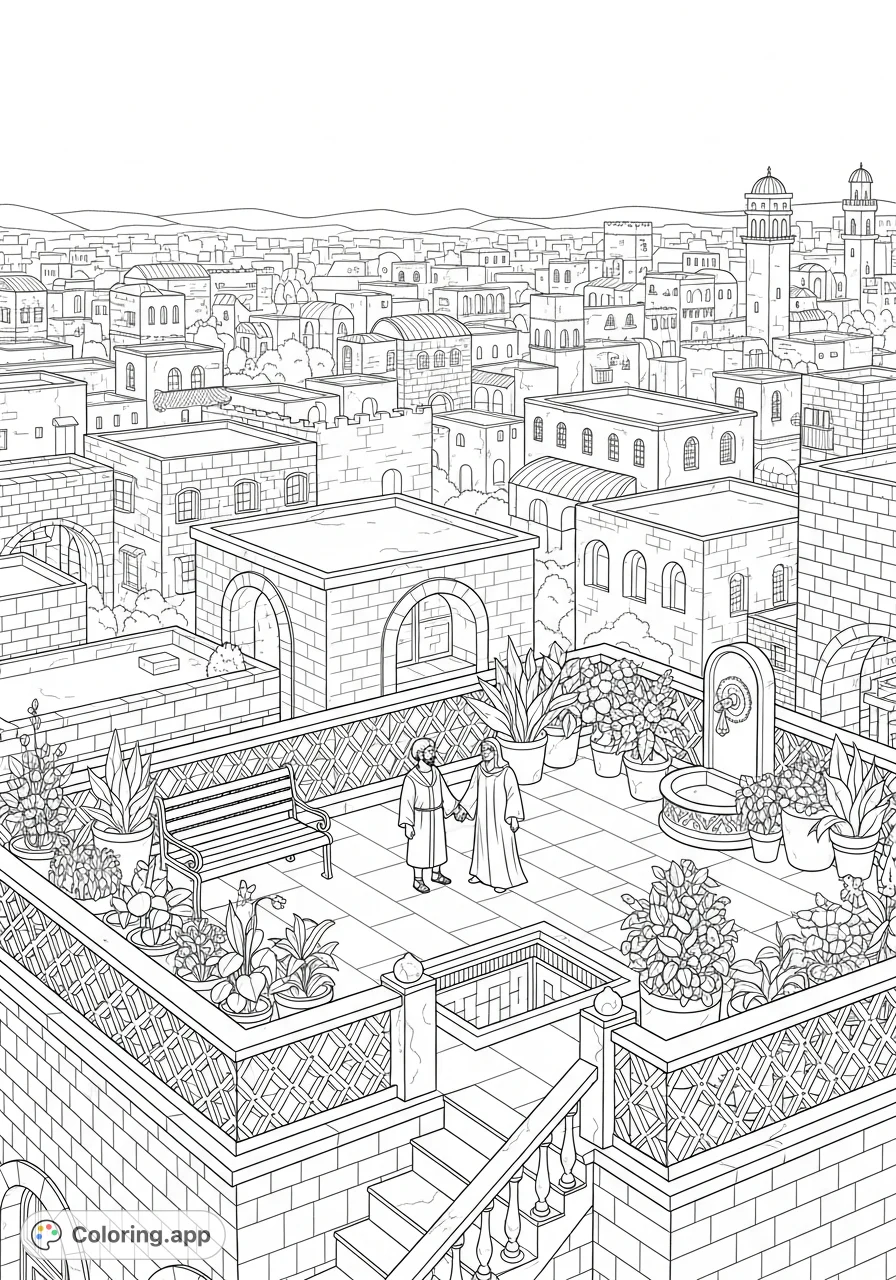 Color Uriah and Bathsheba conversing on an ornate ancient Jerusalem rooftop, surrounded by a sprawling cityscape. A detailed historical scene.