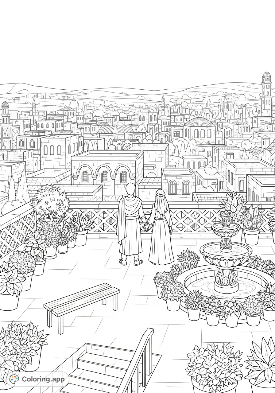 Uriah the Hittite and Bathsheba gaze upon ancient Jerusalem from a detailed rooftop, featuring an ornate fountain, patterned railing, and a sprawling city below.