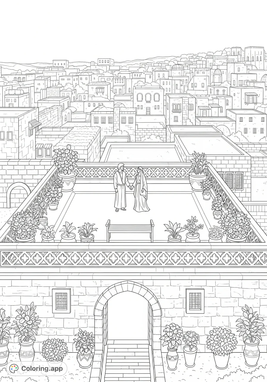 Depicts Uriah the Hittite and Bathsheba conversing on an ornate rooftop, overlooking the sprawling ancient Jerusalem cityscape with its textured stone walls.