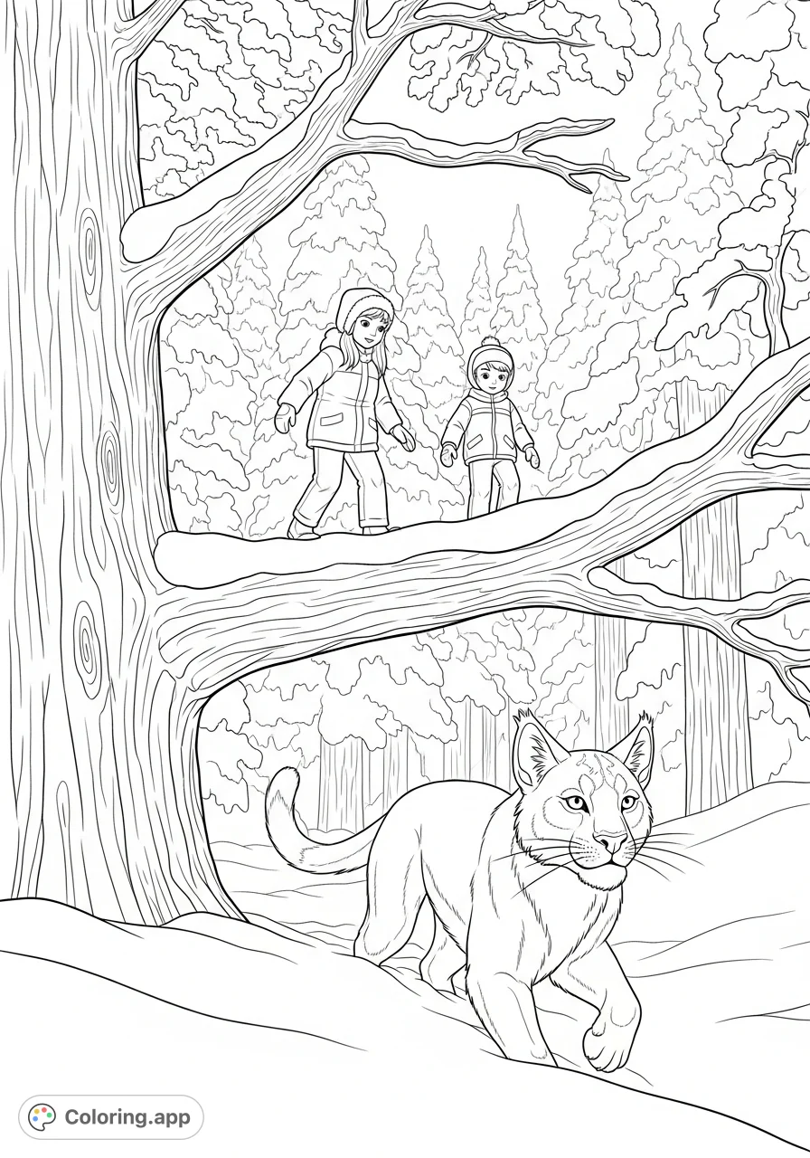 Children cautiously traverse a snow-laden tree branch in a dense forest, watched by an eager feline companion. An adventurous winter scene for all ages.