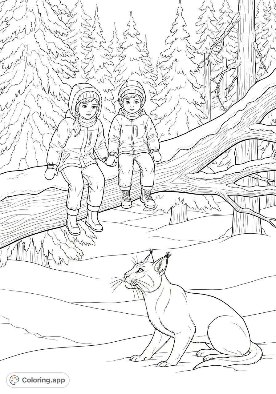 Two children on a snowy branch observe a sleek feline below in a captivating winter forest. An adventurous scene perfect for imaginative coloring.