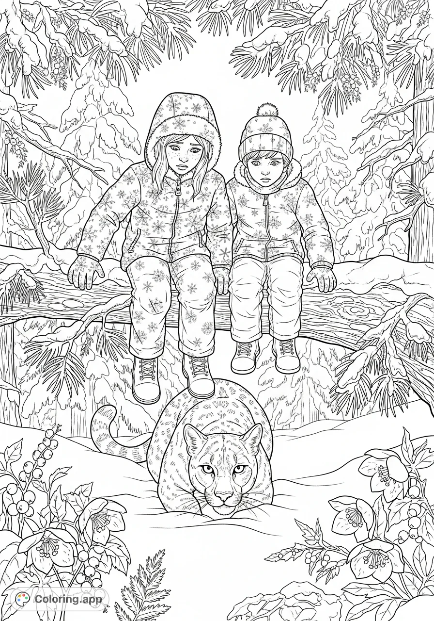 A dramatic winter scene featuring two children perched on a gnarled, snow-laden branch, watched intently by a stealthy cougar below.