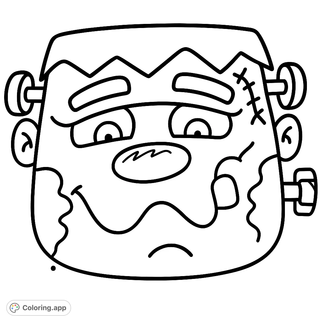A cheerful, cartoon monster head with bolts, stitches, and a big smile. Perfect for a fun Halloween coloring page adventure!