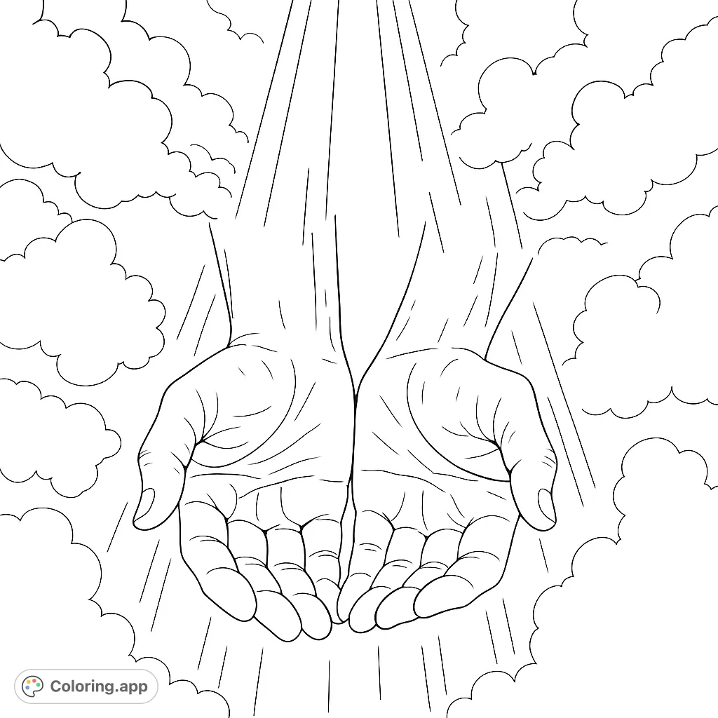 A serene coloring page featuring two open hands reaching upwards amidst soft clouds and radiant light, inviting contemplation and creative expression.