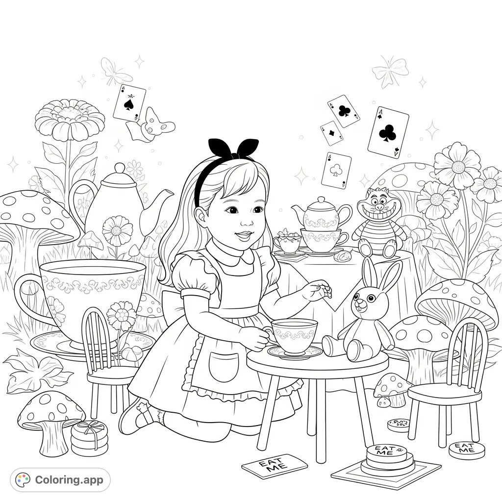 A delightful Alice in Wonderland coloring page featuring a little girl dressed as Alice at a whimsical tea party with iconic characters and magical elements.